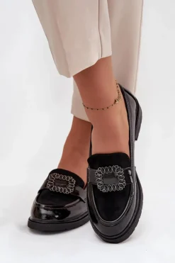 Clearance Damskie buty S.Barski Lakierowane Mokasyny Damskie Z Ozdobną Klamrą S.Barski HY52-546 Czarne