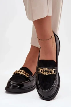 Damskie D&A Lakierowane Mokasyny Damskie Ze Złotą Ozdobą S.Barski HY52-540 Czarne