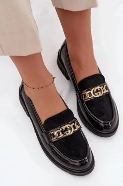 Damskie D&A Lakierowane Mokasyny Damskie Ze Złotą Ozdobą S.Barski HY52-540 Czarne