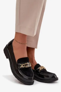 Damskie D&A Lakierowane Mokasyny Damskie Ze Złotą Ozdobą S.Barski HY52-540 Czarne