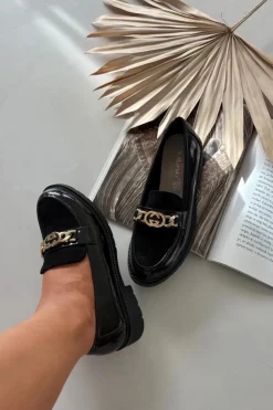 Damskie D&A Lakierowane Mokasyny Damskie Ze Złotą Ozdobą S.Barski HY52-540 Czarne