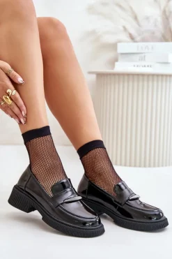 Outlet Damskie buty S.Barski Lakierowane Mokasyny Loafersy Damskie Z Ozdobą D&A LZ42-031 Czarne