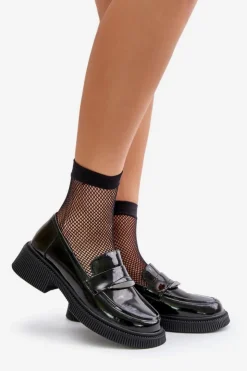 Outlet Damskie buty S.Barski Lakierowane Mokasyny Loafersy Damskie Z Ozdobą D&A LZ42-031 Czarne