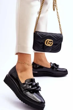 Buty damskie Vinceza Mokasyny Damskie Lakierowane*Lakierowane Mokasyny Na Koturnie Czarne Semma