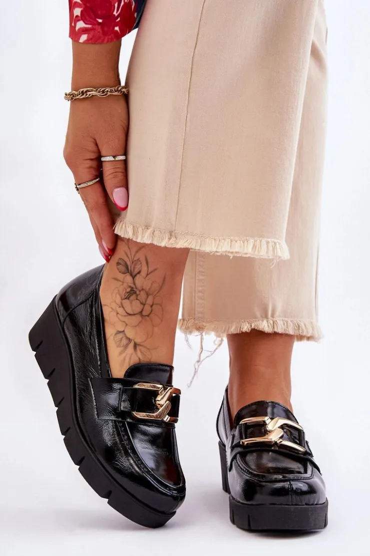 Boto Loafersy Damskie|Mokasyny Damskie Lakierowane*Lakierowane Mokasyny Na Koturnie Czarne Lemar Felicita Czarny