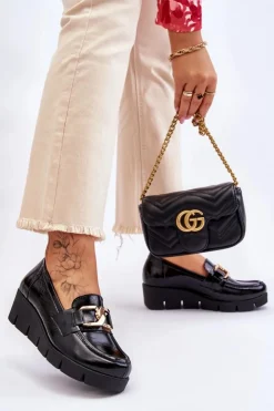 Boto Loafersy Damskie|Mokasyny Damskie Lakierowane*Lakierowane Mokasyny Na Koturnie Czarne Lemar Felicita Czarny