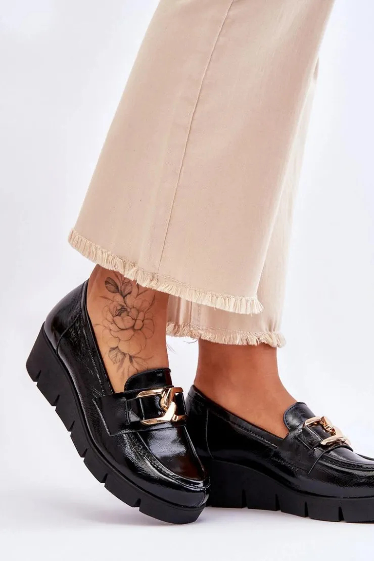 Boto Loafersy Damskie|Mokasyny Damskie Lakierowane*Lakierowane Mokasyny Na Koturnie Czarne Lemar Felicita Czarny