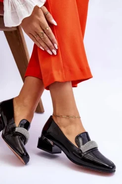 Damskie Damskie buty S.Barski Lakierowane Mokasyny Na Obcasie Z Cyrkoniami Czarne Lavern