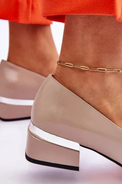 Online Damskie buty S.Barski Lakierowane Mokasyny Na Obcasie Z Cyrkoniami Beżowe Lavern