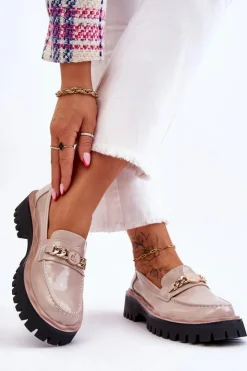 New Damskie buty S.Barski Lakierowane Mokasyny Na Platformie Beżowe Ronin Beżowy