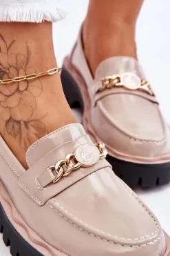 New Damskie buty S.Barski Lakierowane Mokasyny Na Platformie Beżowe Ronin Beżowy