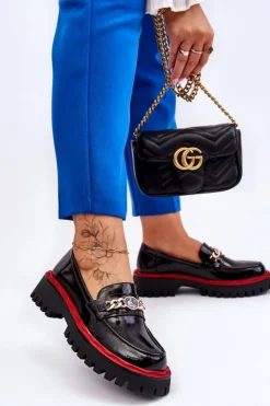 Damskie Damskie buty S.Barski Lakierowane Mokasyny Na Platformie Czarne Ronin