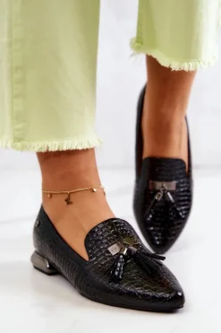 Damskie Buty damskie Vinceza Lakierowane Mokasyny Wzór Krokodyl Z Frędzlami Czarne Pharell