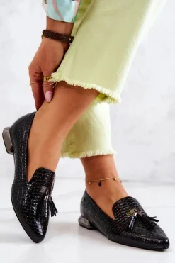 Damskie Buty damskie Vinceza Lakierowane Mokasyny Wzór Krokodyl Z Frędzlami Czarne Pharell