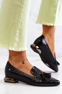 Damskie Buty damskie Vinceza Lakierowane Mokasyny Wzór Krokodyl Z Frędzlami Czarne Pharell