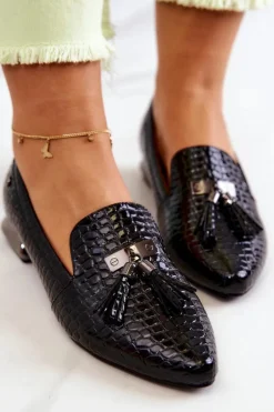 Damskie Buty damskie Vinceza Lakierowane Mokasyny Wzór Krokodyl Z Frędzlami Czarne Pharell