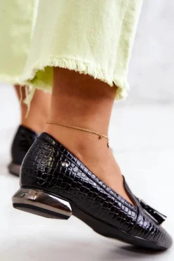 Damskie Buty damskie Vinceza Lakierowane Mokasyny Wzór Krokodyl Z Frędzlami Czarne Pharell