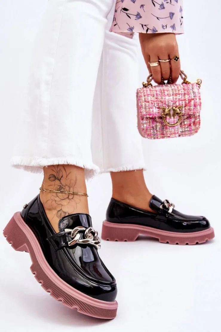 GOE Mokasyny Płaskie|Mokasyny Damskie Skórzane*Lakierowane Mokasyny Z Łańcuchem LL2N4039 Czarno-Fioletowe