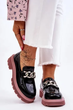 GOE Mokasyny Płaskie|Mokasyny Damskie Skórzane*Lakierowane Mokasyny Z Łańcuchem LL2N4039 Czarno-Fioletowe