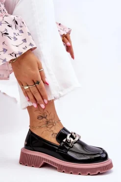 GOE Mokasyny Płaskie|Mokasyny Damskie Skórzane*Lakierowane Mokasyny Z Łańcuchem LL2N4039 Czarno-Fioletowe