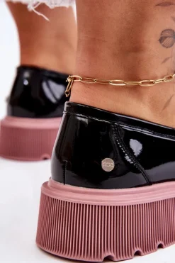 GOE Mokasyny Płaskie|Mokasyny Damskie Skórzane*Lakierowane Mokasyny Z Łańcuchem LL2N4039 Czarno-Fioletowe