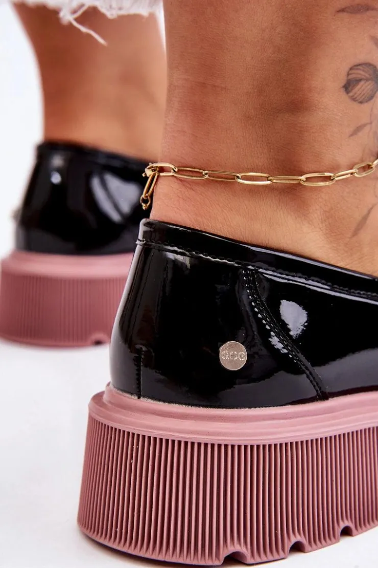 GOE Mokasyny Płaskie|Mokasyny Damskie Skórzane*Lakierowane Mokasyny Z Łańcuchem LL2N4039 Czarno-Fioletowe