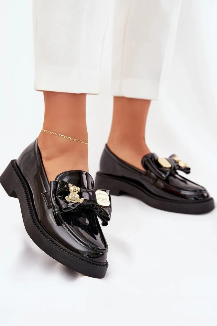 Damskie Boto Lakierowane Mokasyny Z Kokardą I Ozdobną Broszką Czarne Leandriel