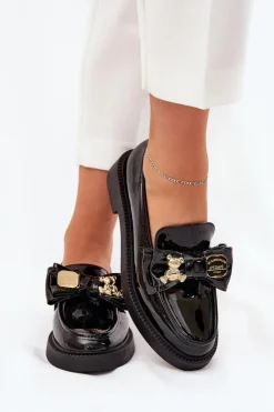 Damskie Boto Lakierowane Mokasyny Z Kokardą I Ozdobną Broszką Czarne Leandriel
