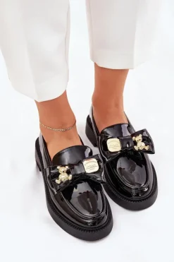 Damskie Boto Lakierowane Mokasyny Z Kokardą I Ozdobną Broszką Czarne Leandriel