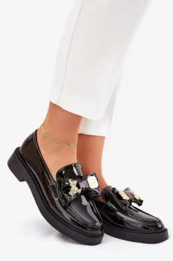 Damskie Boto Lakierowane Mokasyny Z Kokardą I Ozdobną Broszką Czarne Leandriel