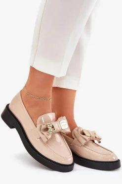 Best Boto Lakierowane Mokasyny Z Kokardą I Ozdobną Broszką Beżowe Leandriel