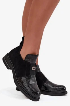 Buty damskie Vinceza Lakierowane Niskie Botki Damskie Na Obcasie Ocieplane Vinceza 58560 Czarne