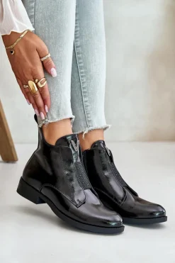 Damskie buty S.Barski Lakierowane Niskie Botki Damskie Na Płaskim Obcasie Ocieplane Czarne S.Barski HY42-120 Czarne Czarny