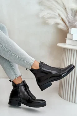 Damskie buty S.Barski Lakierowane Niskie Botki Damskie Na Płaskim Obcasie Ocieplane Czarne S.Barski HY42-120 Czarne Czarny