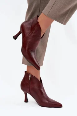 Boto Lakierowane Niskie Botki Damskie Na Szpilce Bordowe Jolivra