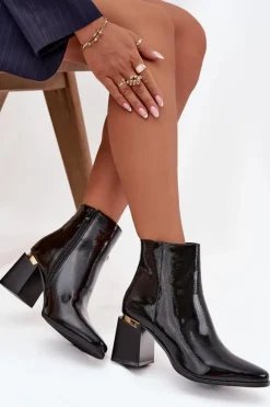 Boto Botki Ocieplane|Botki Na Słupku*Lakierowane Ocieplane Botki Damskie Na Słupku Z Eko Skóry Czarne Brivelle