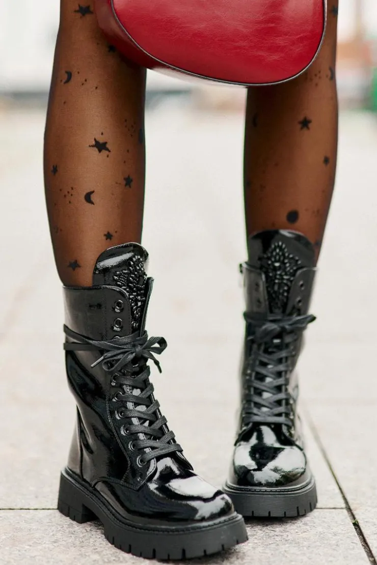 Best Boto Lakierowane Ocieplane Botki Workery Z Ozdobą Czarne Kelilea Czarny