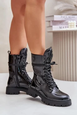 Best Boto Lakierowane Ocieplane Botki Workery Z Ozdobą Czarne Kelilea Czarny