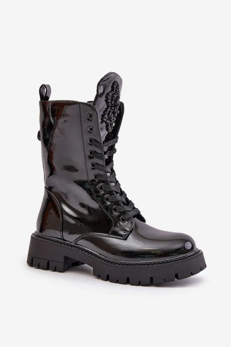 Best Boto Lakierowane Ocieplane Botki Workery Z Ozdobą Czarne Kelilea Czarny