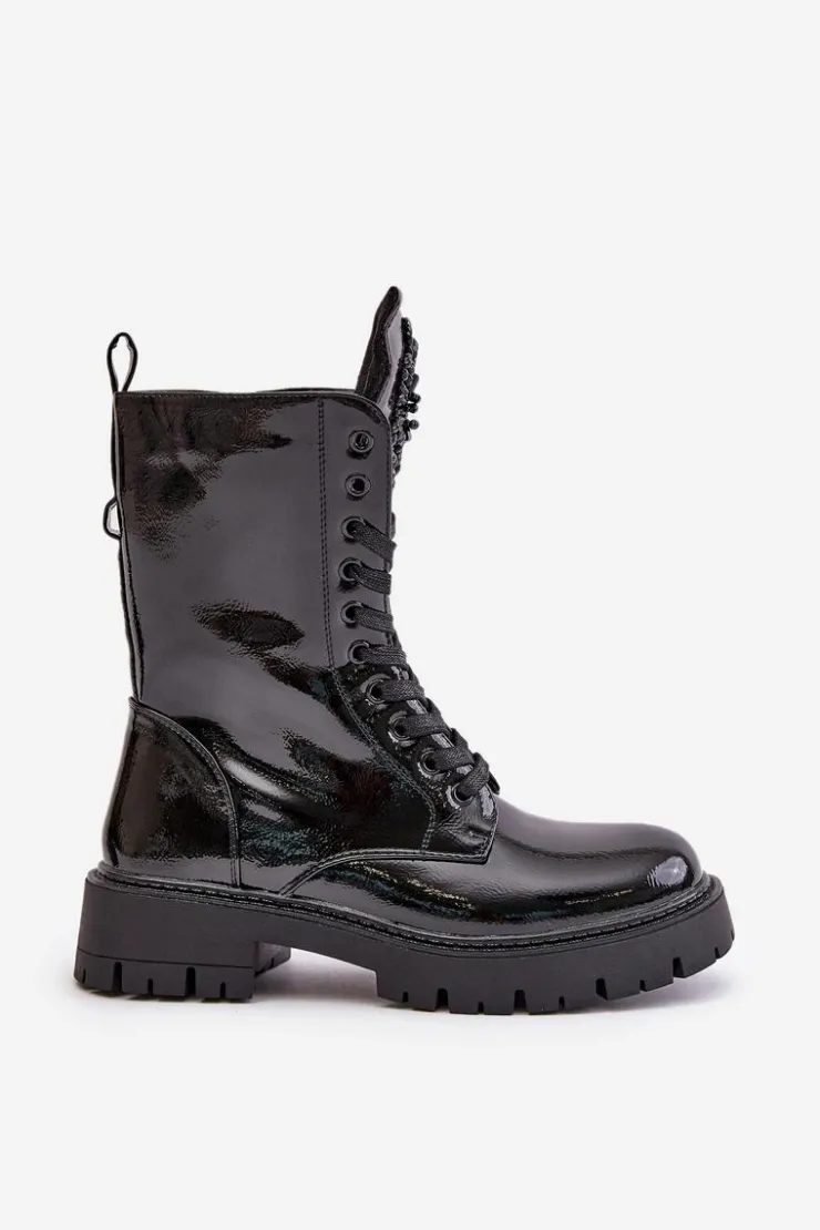 Best Boto Lakierowane Ocieplane Botki Workery Z Ozdobą Czarne Kelilea Czarny