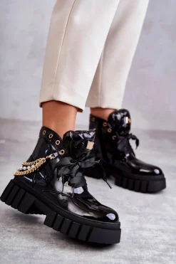 New Boto Lakierowane Ocieplane Botki Z Łańcuszkiem Czarne Karoline