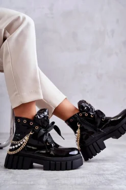 New Boto Lakierowane Ocieplane Botki Z Łańcuszkiem Czarne Karoline