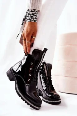 Boto Botki Sznurowane|Czarne Botki*Lakierowane Ocieplane Botki Czarne Grecia