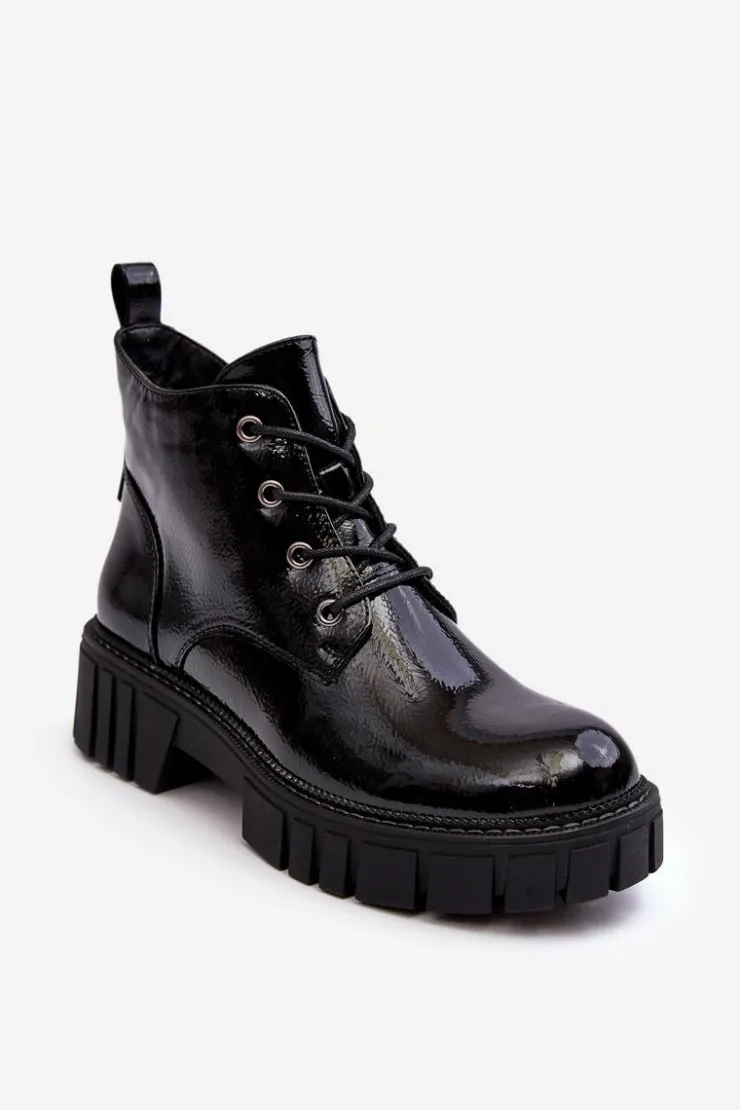 Buty Sergio Leone Botki Sznurowane|Czarne Botki*Lakierowane Ocieplane Botki Sznurowane Czarne Bjorg