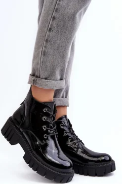 Buty Sergio Leone Botki Sznurowane|Czarne Botki*Lakierowane Ocieplane Botki Sznurowane Czarne Bjorg