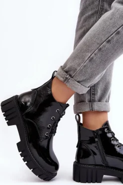 Buty Sergio Leone Botki Sznurowane|Czarne Botki*Lakierowane Ocieplane Botki Sznurowane Czarne Bjorg