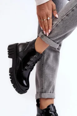 Buty Sergio Leone Botki Sznurowane|Czarne Botki*Lakierowane Ocieplane Botki Sznurowane Czarne Bjorg