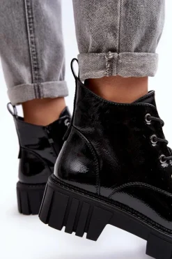 Buty Sergio Leone Botki Sznurowane|Czarne Botki*Lakierowane Ocieplane Botki Sznurowane Czarne Bjorg