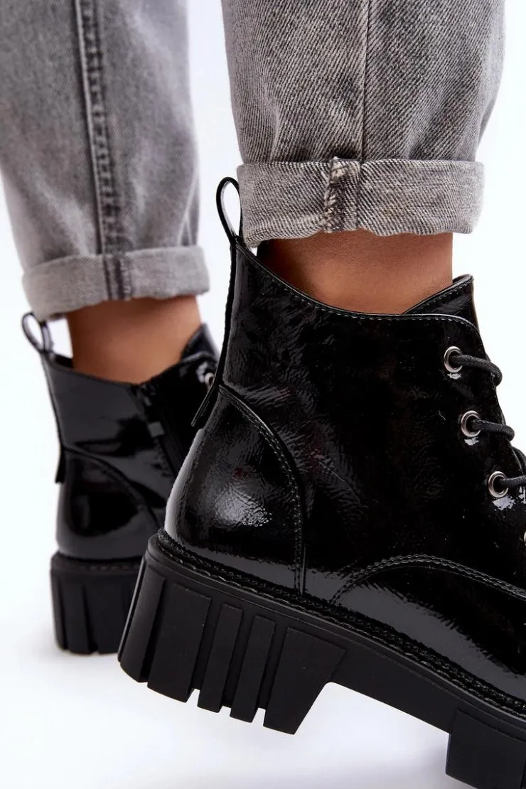 Buty Sergio Leone Botki Sznurowane|Czarne Botki*Lakierowane Ocieplane Botki Sznurowane Czarne Bjorg