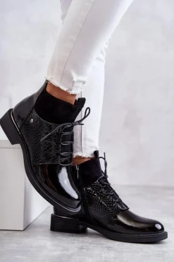Buty damskie Vinceza Botki Sznurowane|Czarne Botki*Lakierowane Ocieplane Botki Sznurowane Czarne Cathrine